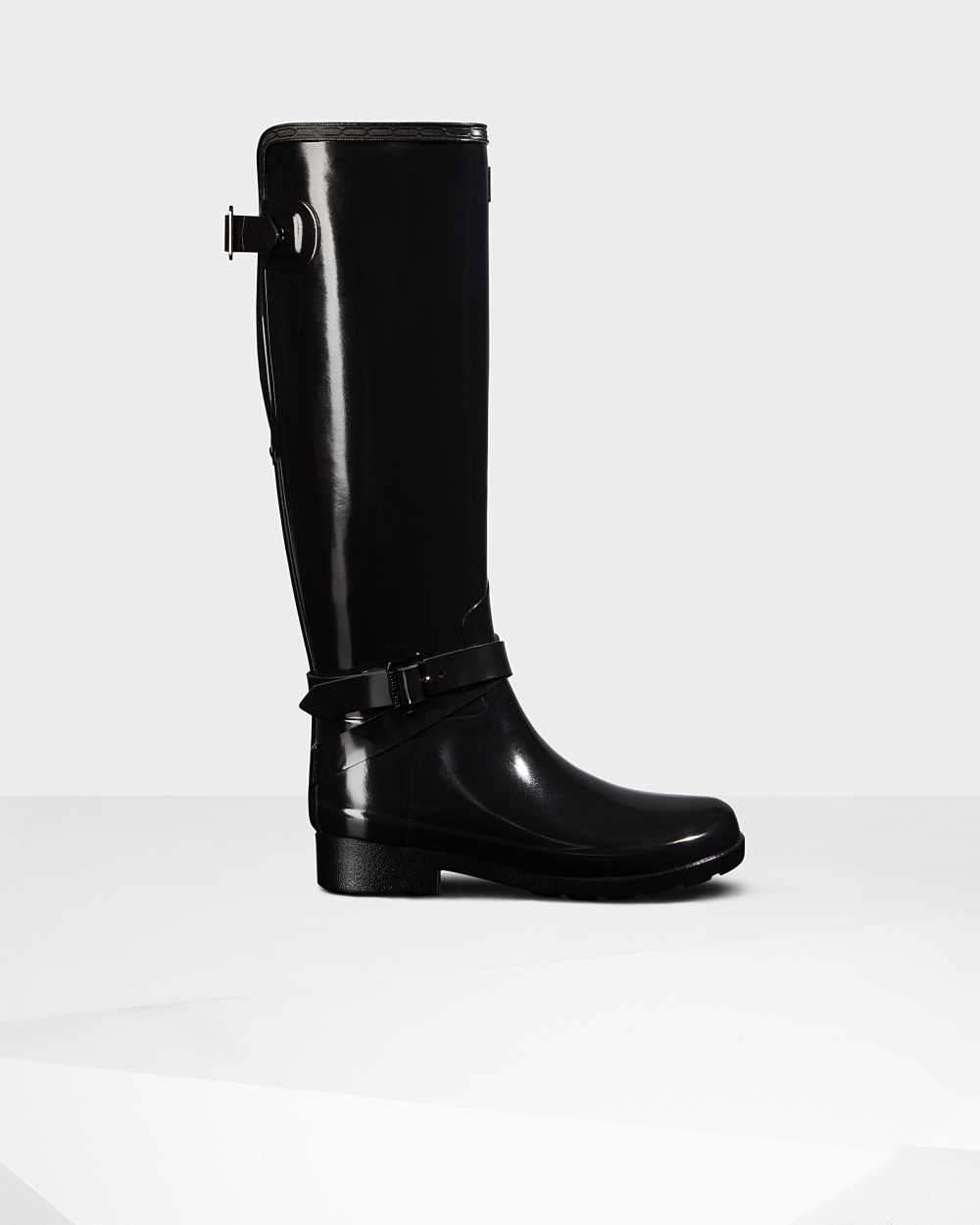 Hunter Women's Refined Adjustable Tall Gloss Tall Wellington Boots Black,CLRP46392